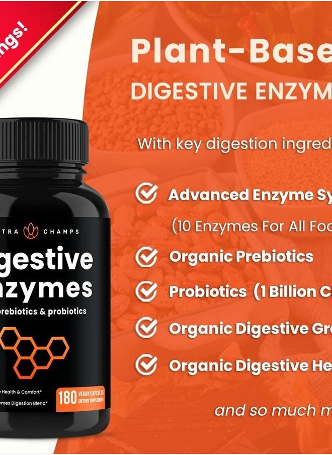 Digestive Enzymes with Probiotics and Prebiotics | 180 Servings, Vegan Digestion Supplement with Bromelain | Bloating Relief for Women & Men | Relieve Constipation, Gas, IBS, Lactose Intolerance Pills