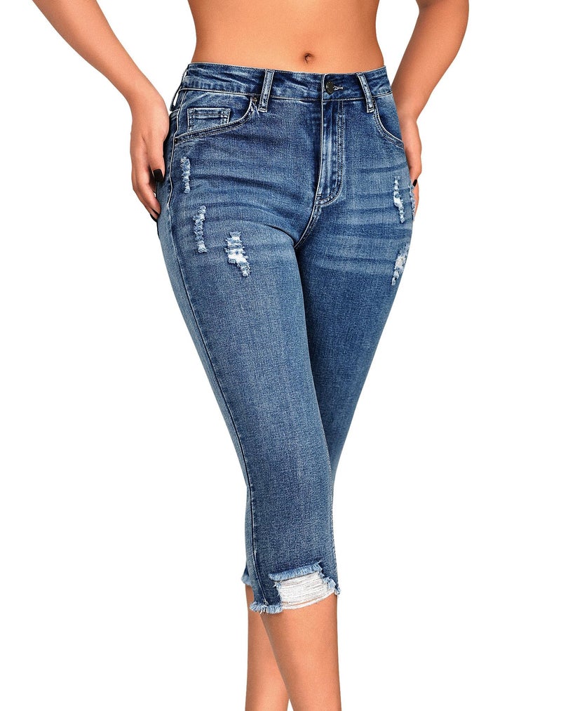 roswear Women's Capri Pants Mid Rise Skinny Ripped Stretchy Cropped Distressed Jeans Light Blue Medium - Image 1