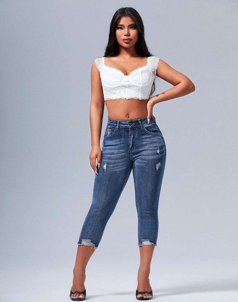 roswear Women's Capri Pants Mid Rise Skinny Ripped Stretchy Cropped Distressed Jeans Light Blue Medium - Image 3