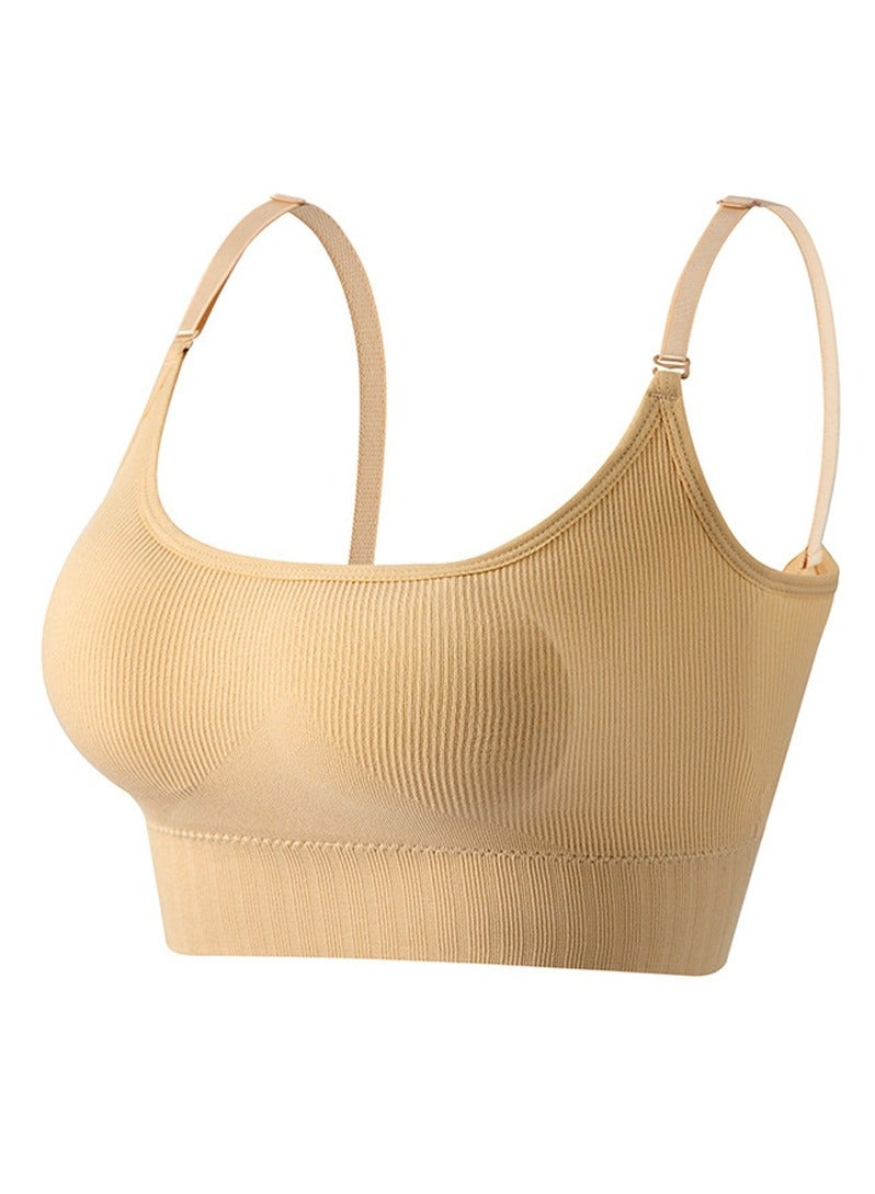 Loquat Women's Solid Color Seamless Wireless Bra Sport Fitness Bra With Adjustable Shoulder Straps Beige 