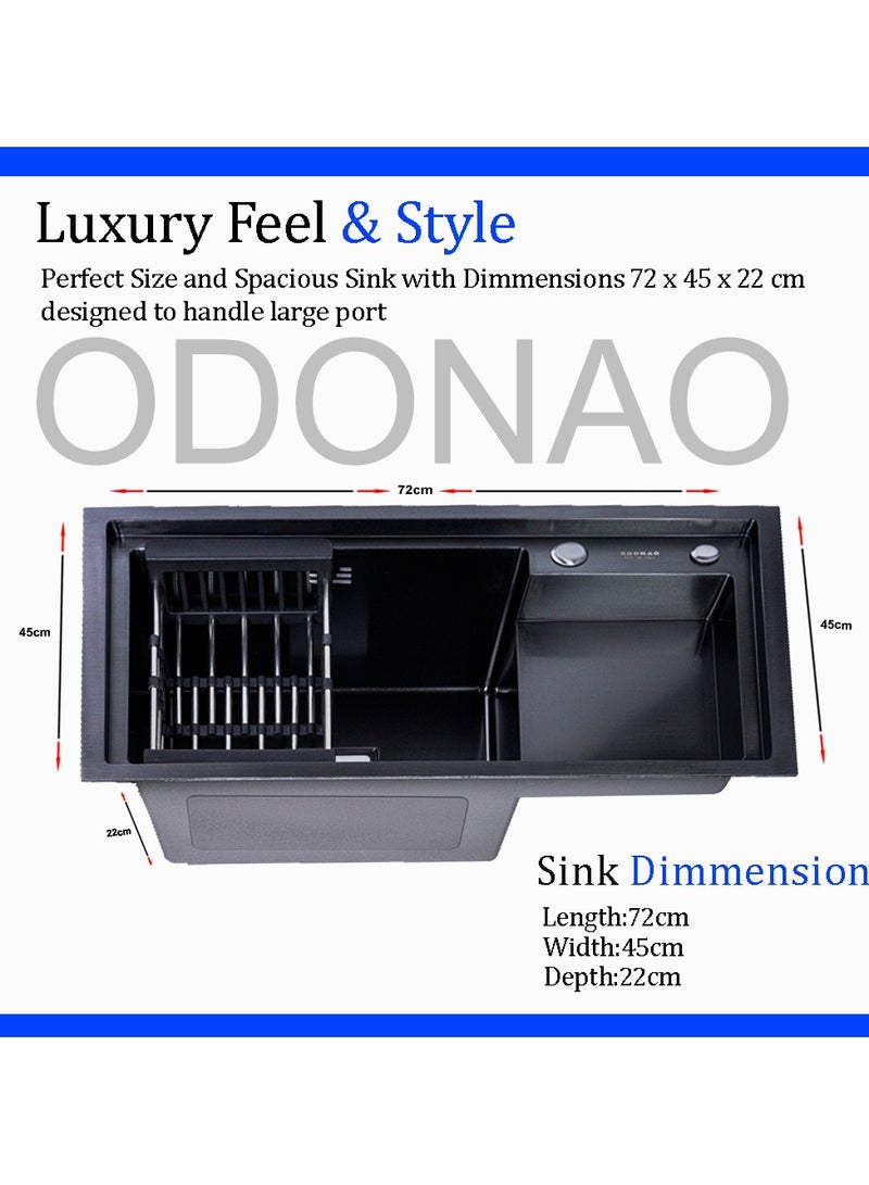 ODONAO Premium Stainless Steel Kitchen Sink, 72x45x22 cm, Single Bowl with Strainer, Black Finish, Durable Modern Design - Image 2