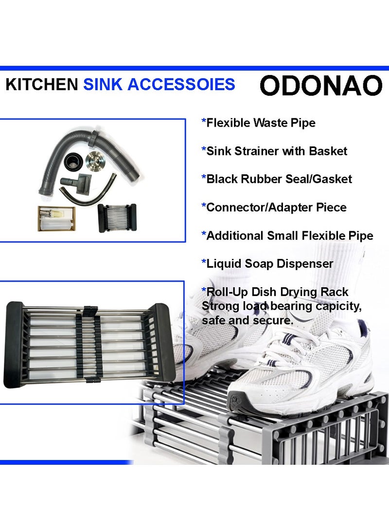 ODONAO Premium Stainless Steel Kitchen Sink, 72x45x22 cm, Single Bowl with Strainer, Black Finish, Durable Modern Design - Image 3