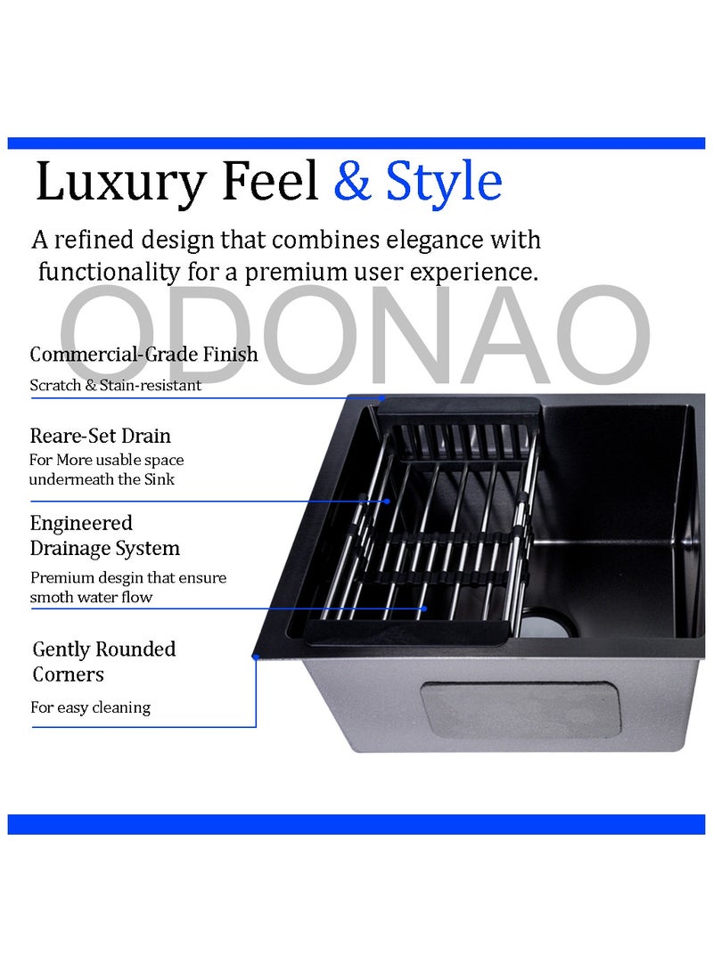 ODONAO Premium Stainless Steel Kitchen Sink, 72x45x22 cm, Single Bowl with Strainer, Black Finish, Durable Modern Design - Image 4