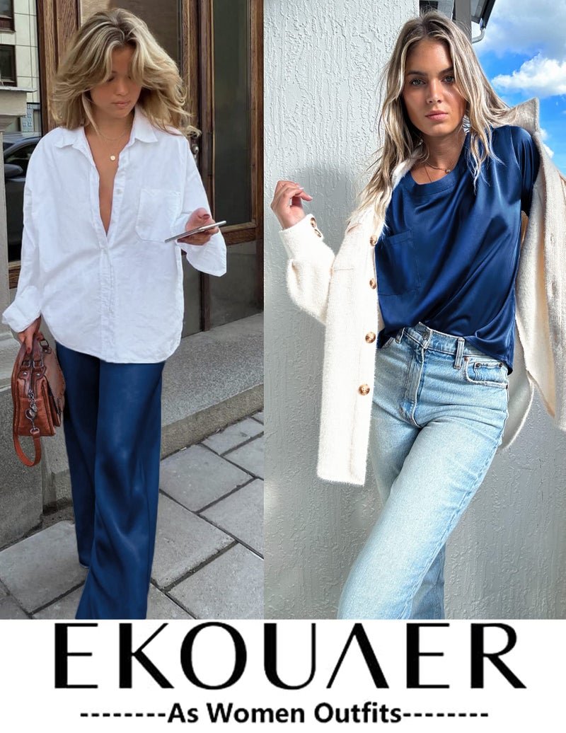 Ekouaer Womens Silk Satin Pajamas Set Two Piece Pj Sets Sleepwear Loungewear Short Sleeve Pj Sets Navy Blue - Image 5