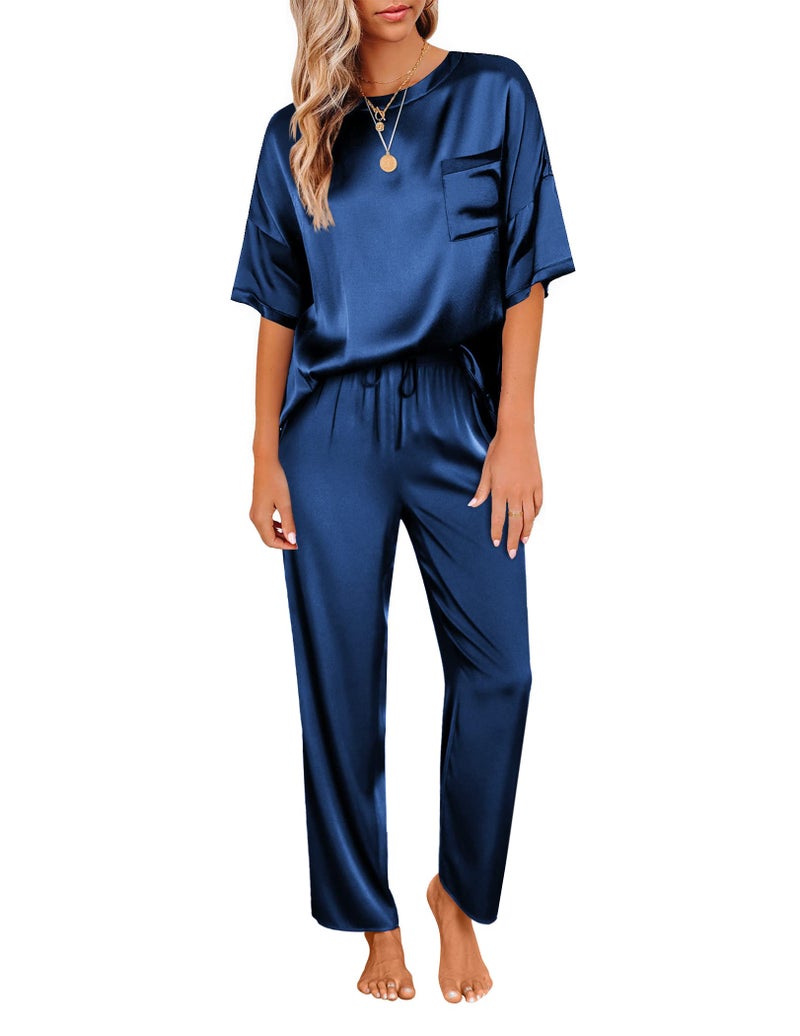 Ekouaer Womens Silk Satin Pajamas Set Two Piece Pj Sets Sleepwear Loungewear Short Sleeve Pj Sets Navy Blue - Image 1