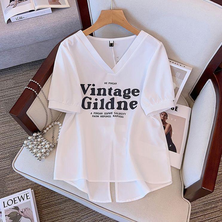 2024 new summer women's big size split short-sleeved T-shirt Korean-style loose slim fit v-neck shirt for women(White color,2XL [instructions 70.50 kg-80.00 kg])