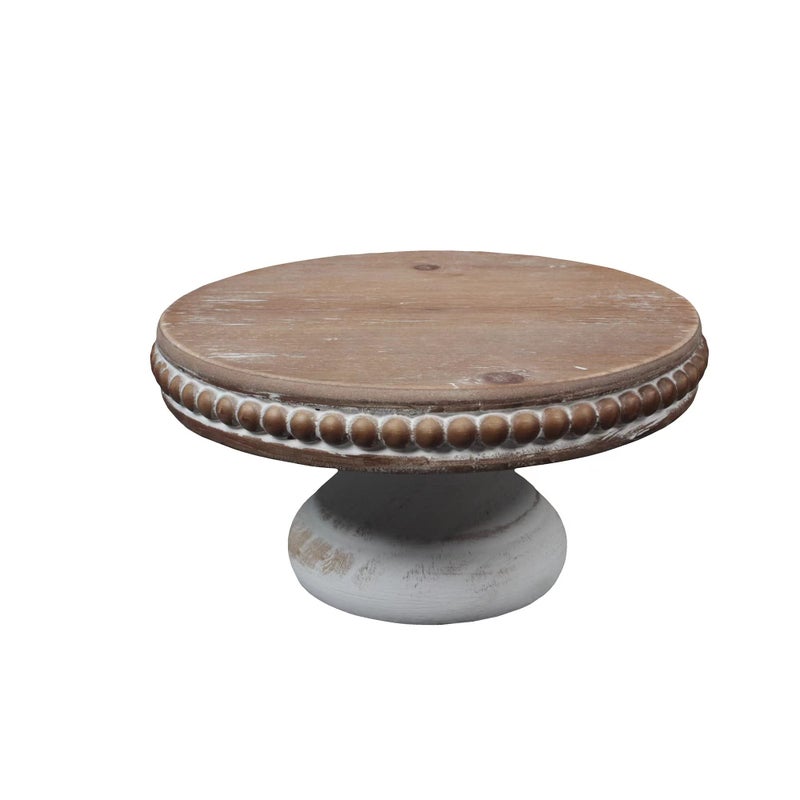 dwellington dwellington White Wash Round Display Wood Riser 825 Shabby Chic Pedestal Tray Decor with Beads Farmhouse Display Stands for Small Items in Coffee Bar Bathroom Kitchen Island 