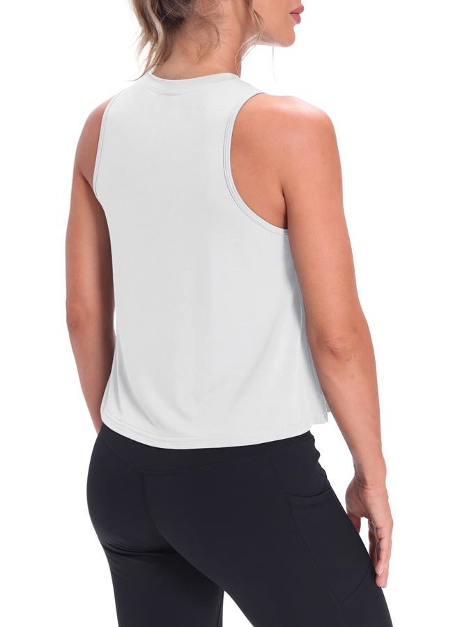 MIPPO Crop Tops for Women Womens Workout Tops Flowy Cropped Tank Tops Athletic Shirts, White, XL - Image 3