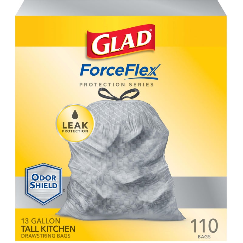 Glad ForceFlex Protection Series Tall Kitchen Drawstring Trash Bags, 13 Gal, 110 Count - Image 1