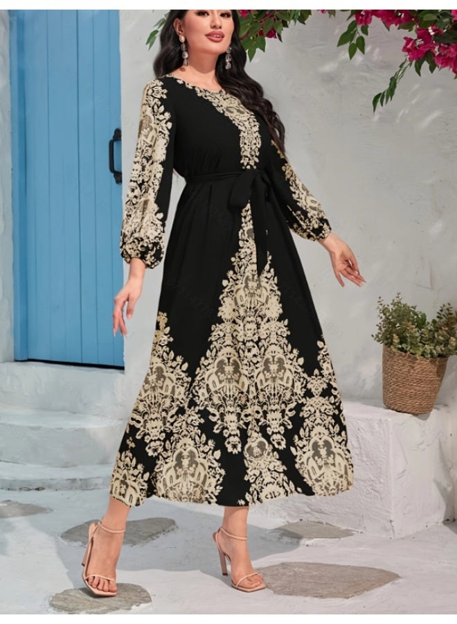 زد Printed long-sleeved long black dress - Image 4
