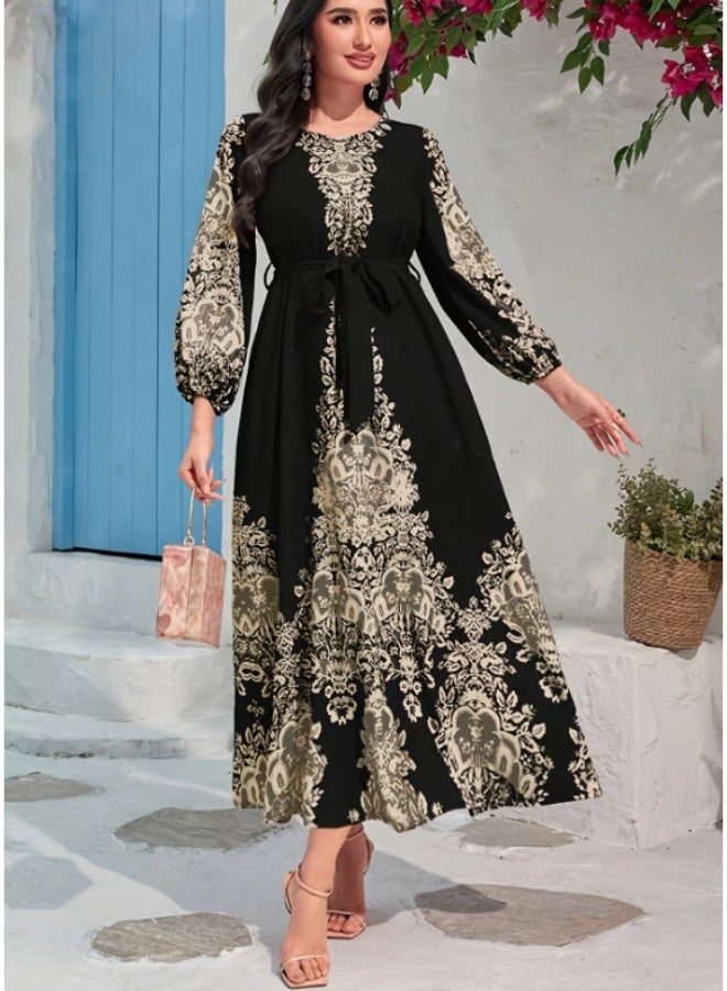 زد Printed long-sleeved long black dress - Image 3