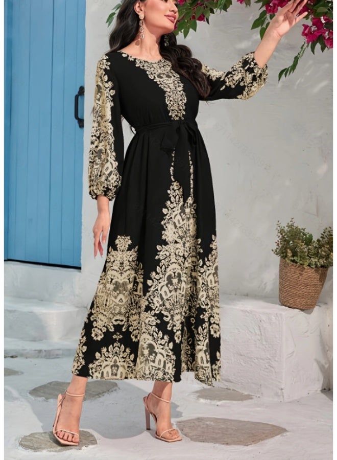 زد Printed long-sleeved long black dress - Image 2
