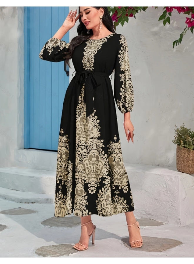 زد Printed long-sleeved long black dress - Image 1