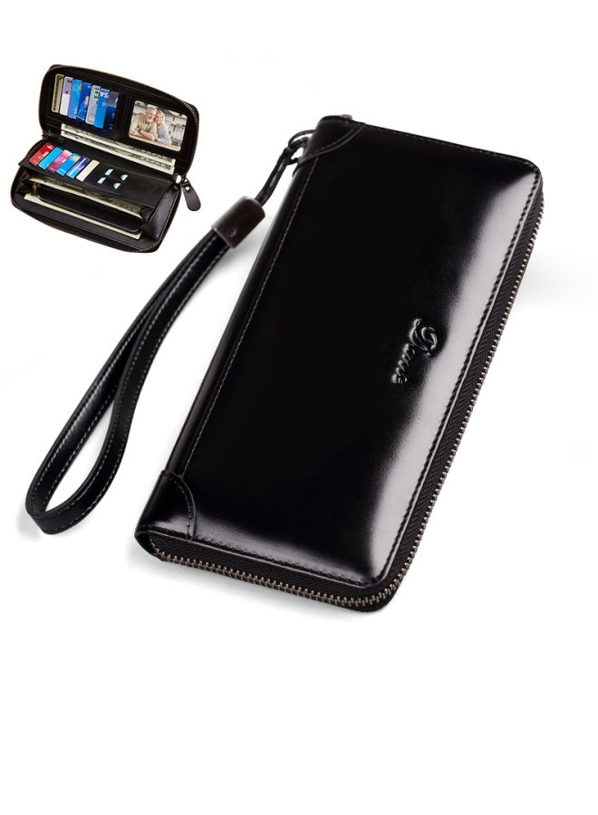 Dante Men's Genuine Leather Clutch Bag RFID Anti-theft Brush Retro First Layer Cowhide Long Wallet Oil Wax Black (Anti-theft Card Swiping) - Image 1