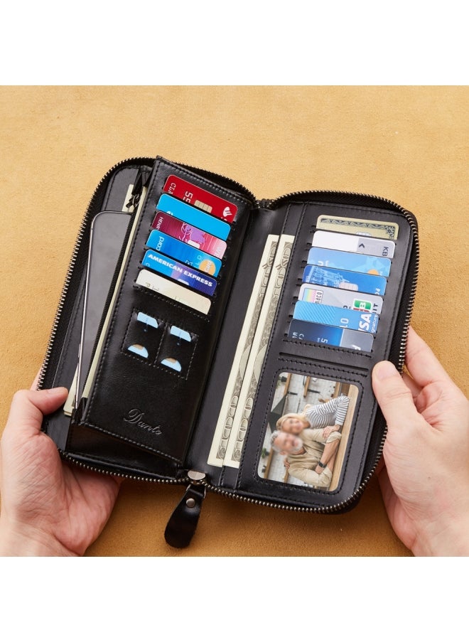 Dante Men's Genuine Leather Clutch Bag RFID Anti-theft Brush Retro First Layer Cowhide Long Wallet Oil Wax Black (Anti-theft Card Swiping) - Image 2