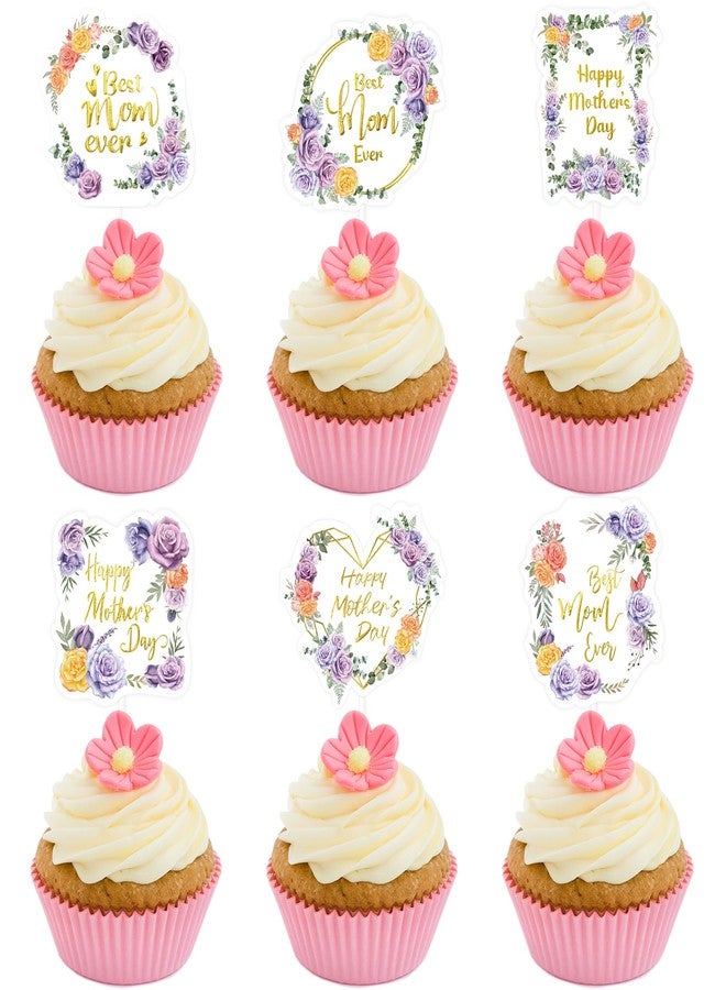 WorldBazaar Happy Mother’s Day Cupcake Toppers 24PCS Gold Foiled Mothers Day Cake Toppers Decoration Purple Floral Best Mom Ever Birthday Party Supplies - Image 2