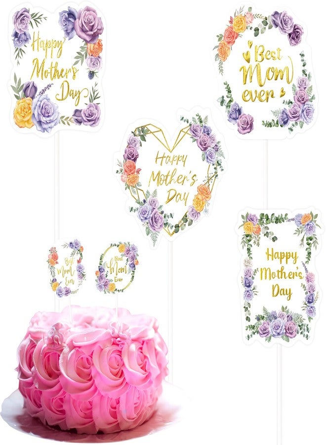 WorldBazaar Happy Mother’s Day Cupcake Toppers 24PCS Gold Foiled Mothers Day Cake Toppers Decoration Purple Floral Best Mom Ever Birthday Party Supplies - Image 1