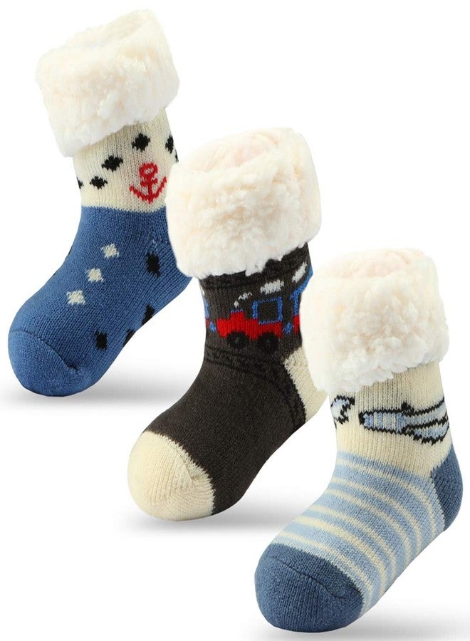 Cottock 3 Pairs Newborn Infant Toddler Slipper Socks Baby Girls Boys Sherpa-Lined Grips Socks Christmas Socks Kids Fuzzy Home Socks (3 Pairs Boys, Fit Age 18-36 Months) - Image 1