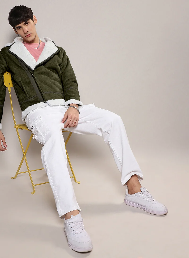 Campus Sutra Men's Icy Blue & Chalk White Fleece Lined Biker Jacket