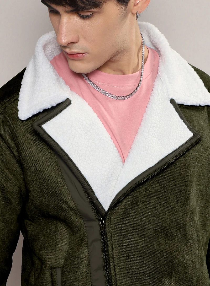 Campus Sutra Men's Icy Blue & Chalk White Fleece Lined Biker Jacket