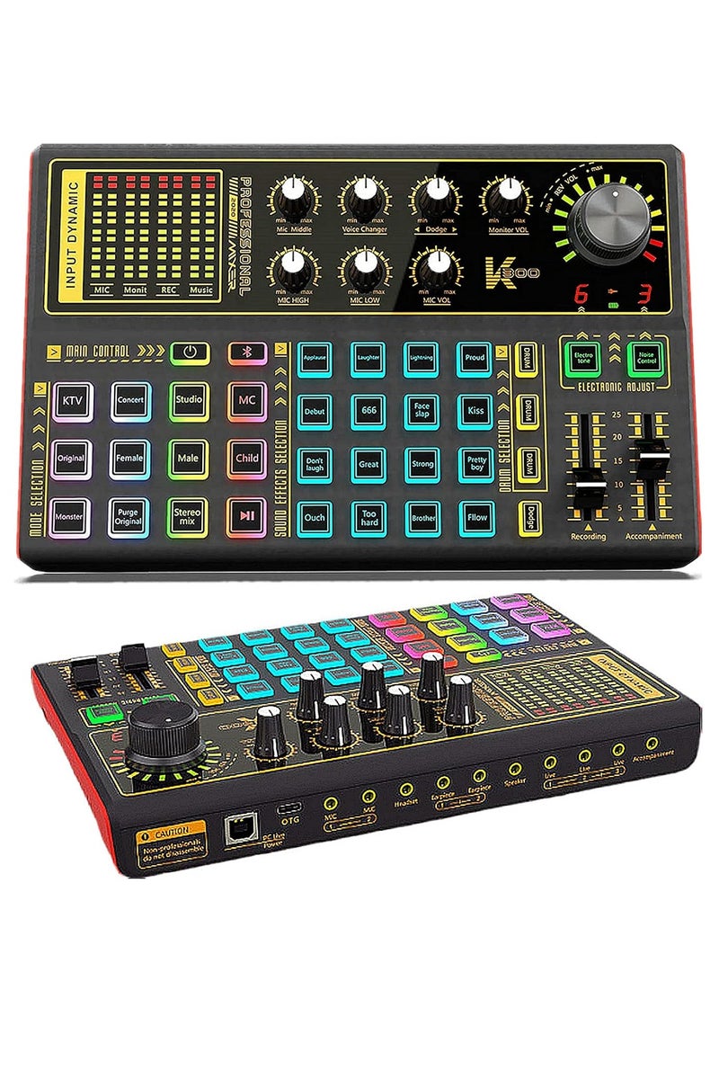 Professional Audio Mixer, K300 Live Sound Card and Audio Interface Sound Board with Multiple DJ Mixer Effects,Voice Changer and LED Light, Prefect for Streaming/Podcasting/Gaming/Recording/YouTube/PC - Image 1
