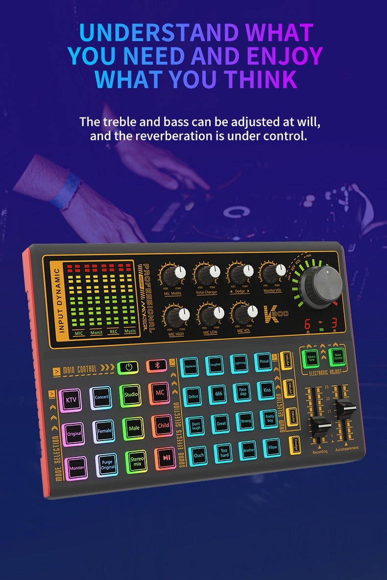 Professional Audio Mixer, K300 Live Sound Card and Audio Interface Sound Board with Multiple DJ Mixer Effects,Voice Changer and LED Light, Prefect for Streaming/Podcasting/Gaming/Recording/YouTube/PC - Image 4