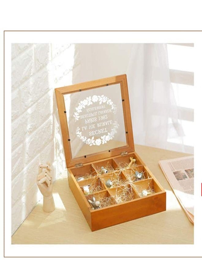 C&C Home - 9 Grids Large Capacity Dust Proof Wooden Storage Box for Displaying Your Valuable Collections Vintage Wooden Display Stand Gift Storage Box Chocolate Box 24x7x24 cm - Image 1