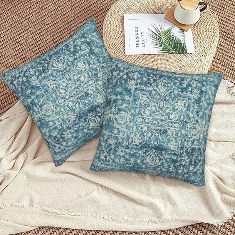 Sunshineyan Teal Boho Pillow Covers 16x16 Set of 2  Bohemian Carpet Pattern Outdoor Decorative Throw Pillows Linen Ethnic Design Rustic Farmhouse Cushion Cases for Couch Sofa Decor - Image 5