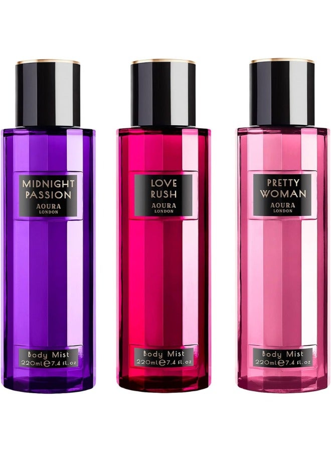 Aoura London Aoura London Women's Body Mist Bundle | 220ml | Pack of 3 | Includes Love Rush, Pretty Woman & Midnight Passion | Floral, Sweet & Sensual Scents | Long-Lasting Fragrance Sprays - Image 1