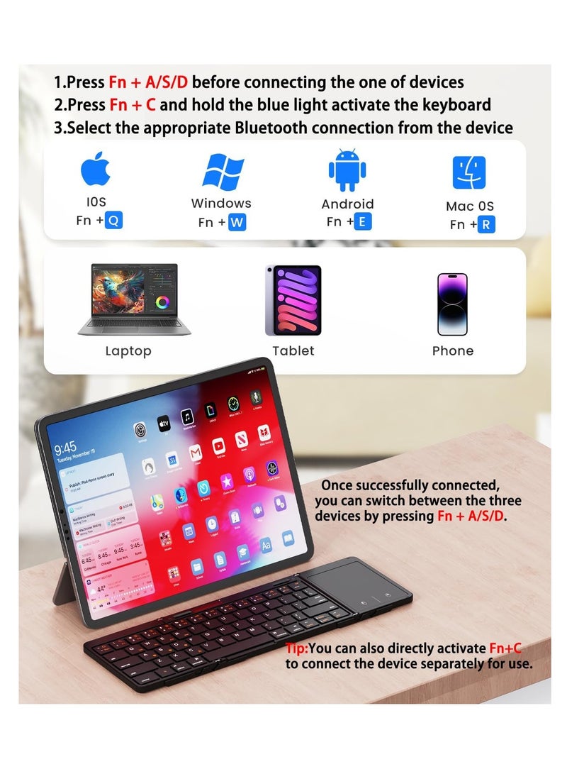 Foldable Wireless Keyboard with Touchpad, Bluetooth Travel Keyboard Supports Multi-Device Connection, Full-Size Portable Keyboard for Windows/iOS/Android/Mac, Can be Locked into a Regular Keyboard - Image 2