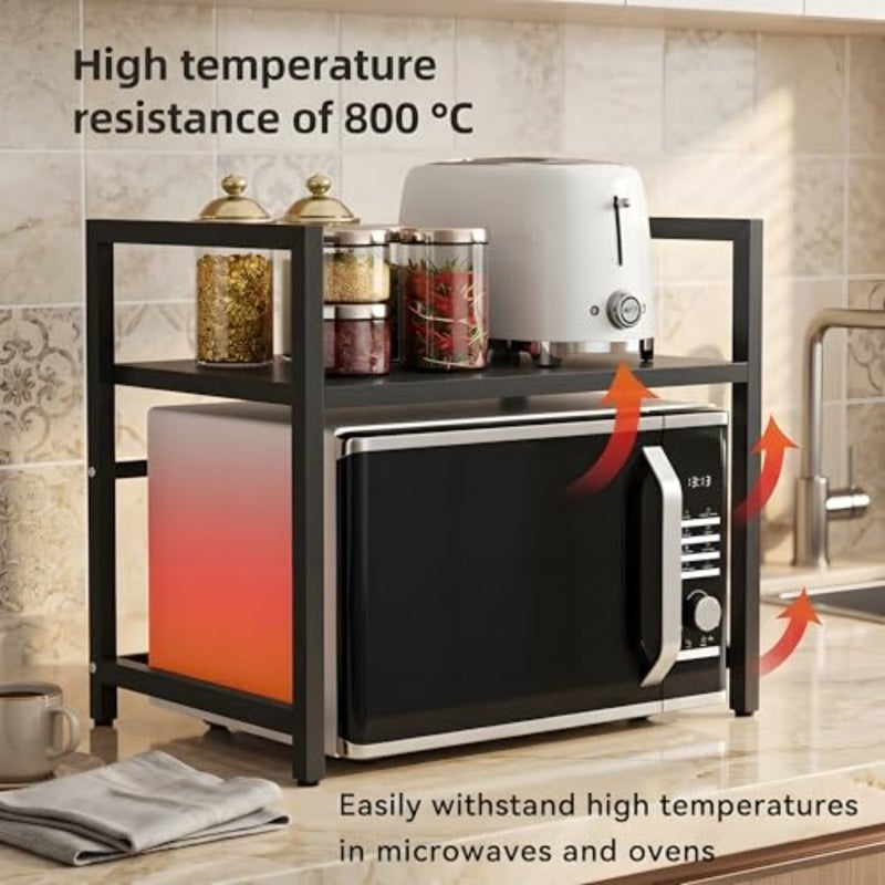 Kitchen countertop organizer: expandable 2-tier microwave oven rack in black metal with 6 hooks for toaster oven, rice cooker, and microwave storage - Image 5