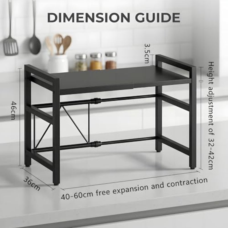 Kitchen countertop organizer: expandable 2-tier microwave oven rack in black metal with 6 hooks for toaster oven, rice cooker, and microwave storage - Image 2