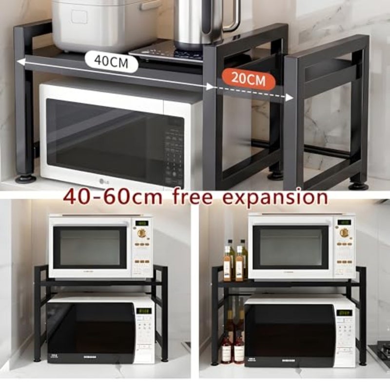 Kitchen countertop organizer: expandable 2-tier microwave oven rack in black metal with 6 hooks for toaster oven, rice cooker, and microwave storage - Image 4