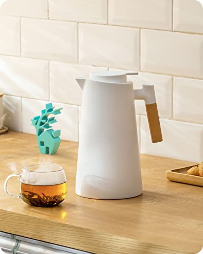 Baffect Thermal Carafe, 34oz Thermal Vacuum Carafe with Glass Liner and Wood Handle Insulated Coffee Carafe for Coffee Tea Hot or Cold Drinks(1 Liter, White) - Image 1