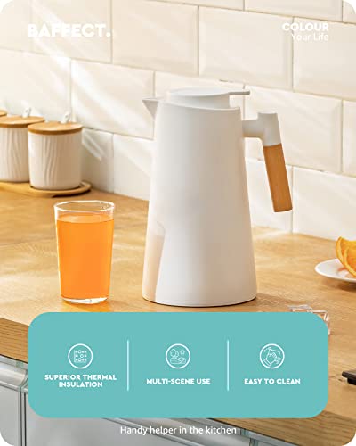 Baffect Thermal Carafe, 34oz Thermal Vacuum Carafe with Glass Liner and Wood Handle Insulated Coffee Carafe for Coffee Tea Hot or Cold Drinks(1 Liter, White) - Image 2