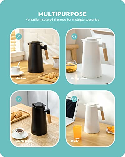 Baffect Thermal Carafe, 34oz Thermal Vacuum Carafe with Glass Liner and Wood Handle Insulated Coffee Carafe for Coffee Tea Hot or Cold Drinks(1 Liter, White) - Image 5