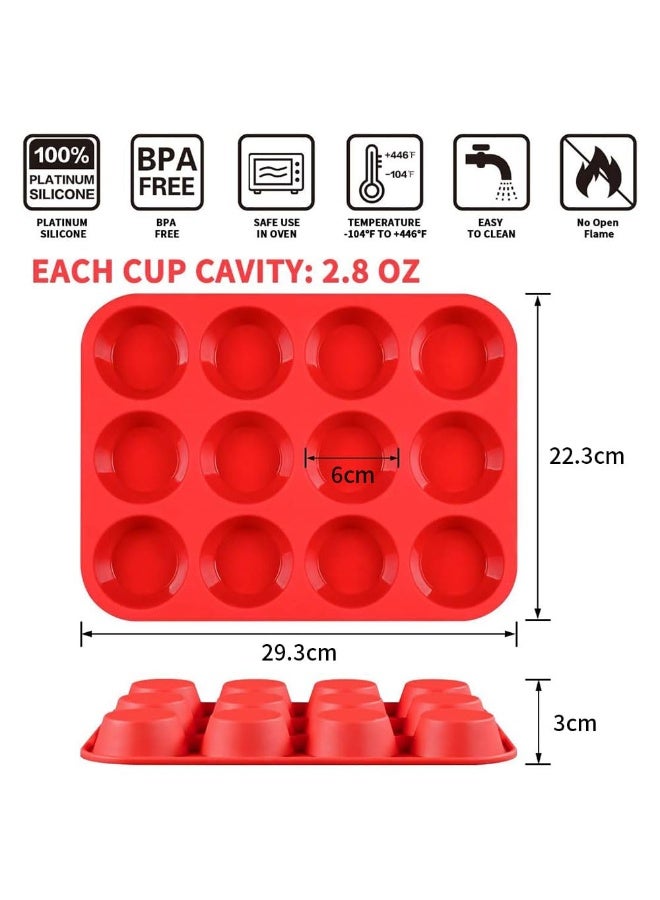 JZS Silicone Muffin Pan, 12 Cups Regular Silicone Cupcake Pan, Non-stick Silicone Great for Making Muffin Cakes, Tart, Bread - BPA Free and Dishwasher Safe(Red) - Image 2