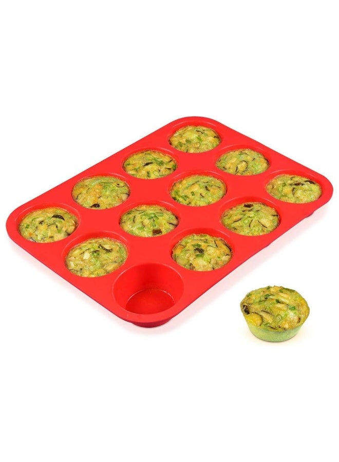JZS Silicone Muffin Pan, 12 Cups Regular Silicone Cupcake Pan, Non-stick Silicone Great for Making Muffin Cakes, Tart, Bread - BPA Free and Dishwasher Safe(Red) - Image 1