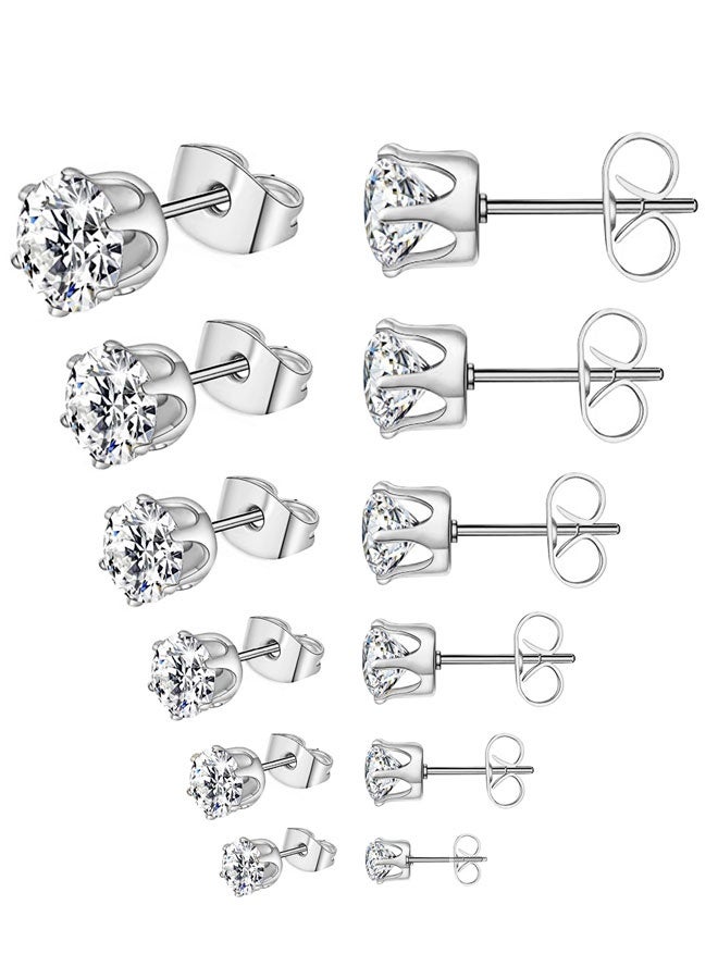 HAWAWA 6 Pairs Stud Earrings Set for Women and Girl, Hypoallergenic Cubic Zirconia 316L Earrings Stainless Steel CZ Earrings 3-8mm - Image 1