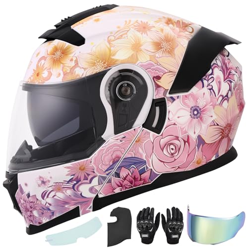 OUMURS Pink Modular Motorcycle Helmets Full Face Flip up Street Bike Motorcycle Helmet for Unisex Adult Flower Sea M - Image 1
