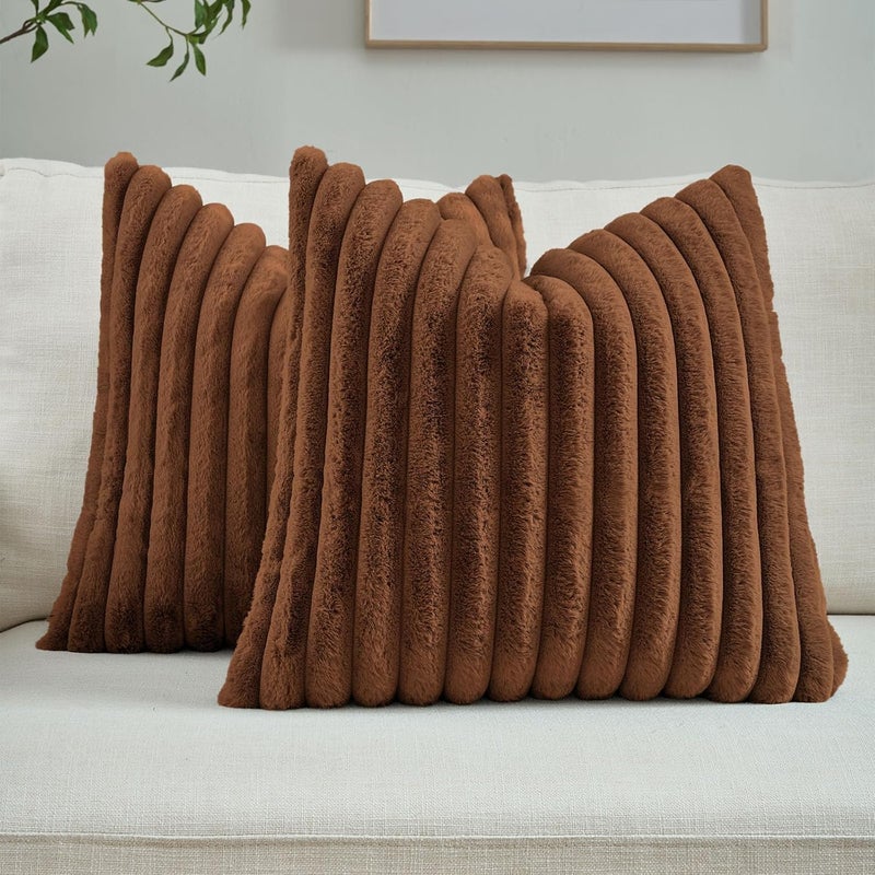 FUTEI Rust Striped Decorative Throw Pillow Covers 22x22 Inch Set of 2,Square Winter Decorations Couch Pillow Case,Soft Cozy Faux Rabbit Fur & Velvet Back,Modern Home Decor for Bed - Image 1