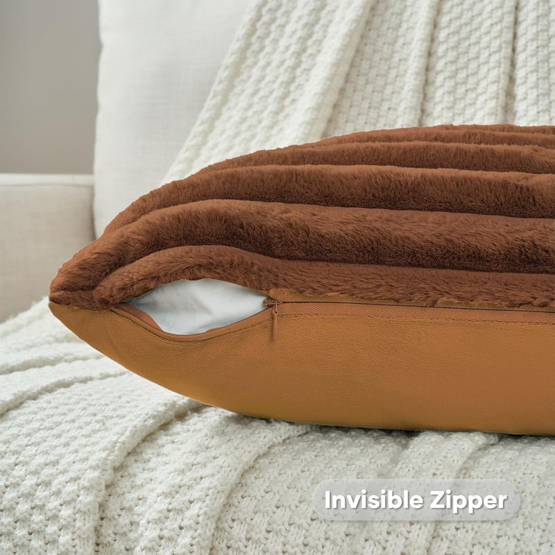 FUTEI Rust Striped Decorative Throw Pillow Covers 22x22 Inch Set of 2,Square Winter Decorations Couch Pillow Case,Soft Cozy Faux Rabbit Fur & Velvet Back,Modern Home Decor for Bed - Image 3