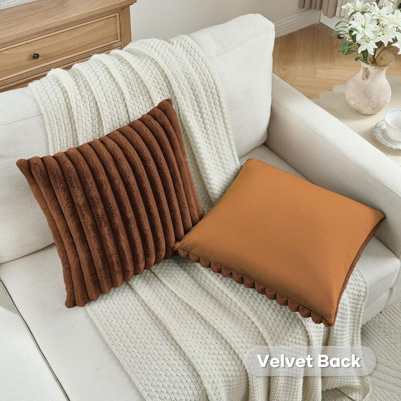 FUTEI Rust Striped Decorative Throw Pillow Covers 22x22 Inch Set of 2,Square Winter Decorations Couch Pillow Case,Soft Cozy Faux Rabbit Fur & Velvet Back,Modern Home Decor for Bed - Image 4