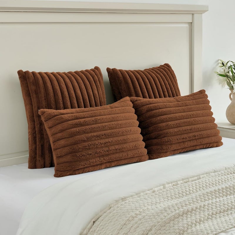 FUTEI Rust Striped Decorative Throw Pillow Covers 22x22 Inch Set of 2,Square Winter Decorations Couch Pillow Case,Soft Cozy Faux Rabbit Fur & Velvet Back,Modern Home Decor for Bed - Image 5