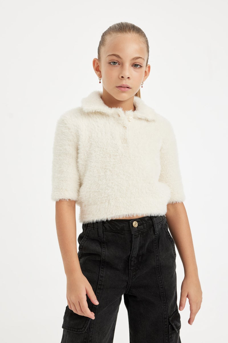 DeFacto Girl Regular Fit Polo Neck Soft Textured Knitted Pullover - Image 1