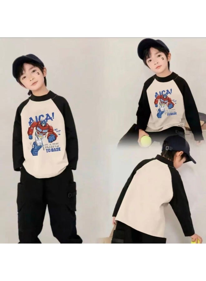 Boys' Autumn And Winter New Thermal Base Shirt, New Color-blocking Versatile Trendy Long-sleeve T-shirt For Older Children - Image 1