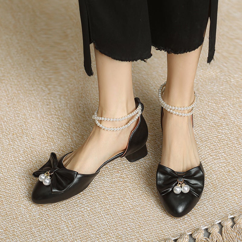 Spring/Summer 2023 New Low Heel Beaded 28-43 Size Size Pointed Bow Sandals - Image 2