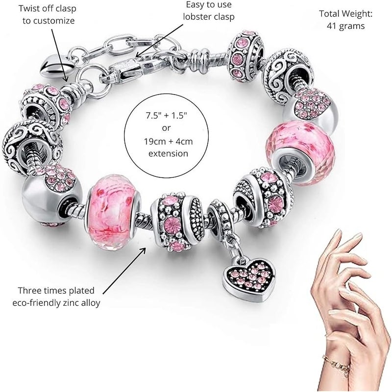 VTEAS 2 Pack 14K Gold Plated Bracelet and Pink Heart Silver Plated Charm Bracelet, DIY Jewelry for Women and Girls Gifts, with Beads, Crystal, Charms, Love and Adjustable Snake Chain, Fits 7.5+1.5 - Image 4