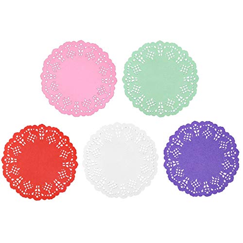 Jagrove Paper Doilies, Jagrove 100 Pieces 3.5 Inches Lace Doilies Paper Colorful Decorative Round Paper Placemats Bulk for Cakes Desserts Wedding Party Tableware Decoration, 5 Colors - Image 1
