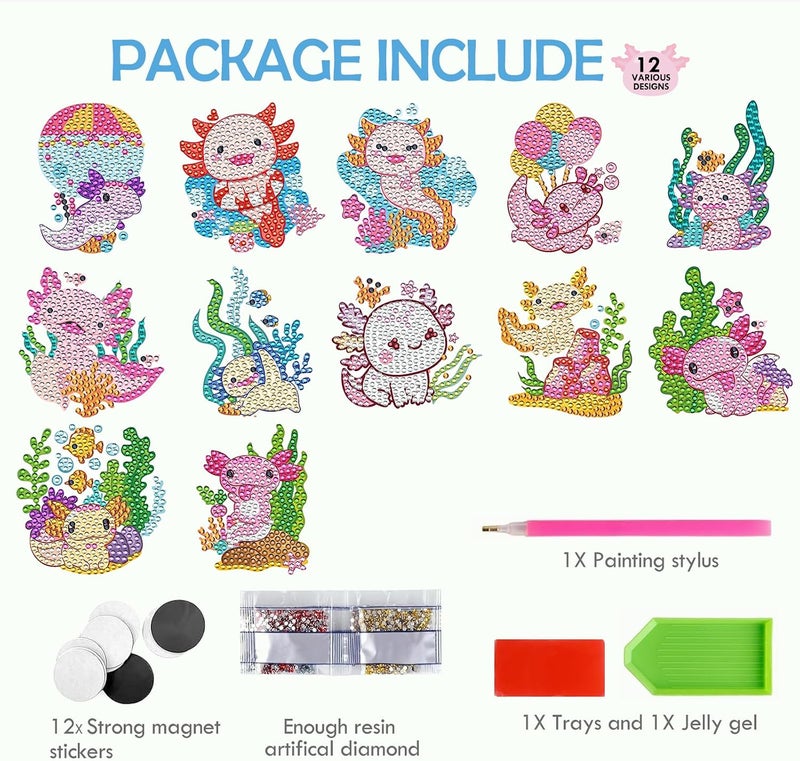 INCOK Axolotl Diamond Painting Magnets Refrigerator - 12 PCS DIY Salamander Diamond Art Magnet Kit Gem Art Pink Fridge Stickers Set for Adults Beginners Home Aesthetic Cute Animal Decor - Image 4